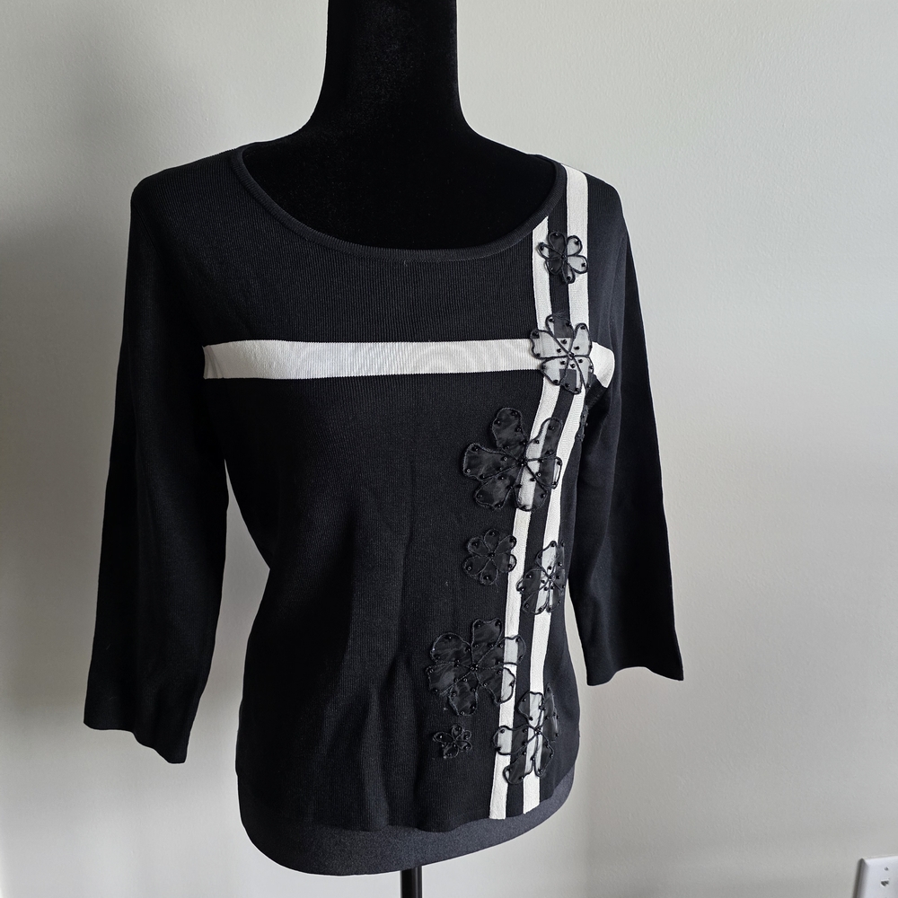 Black and White Floral Embellished Top